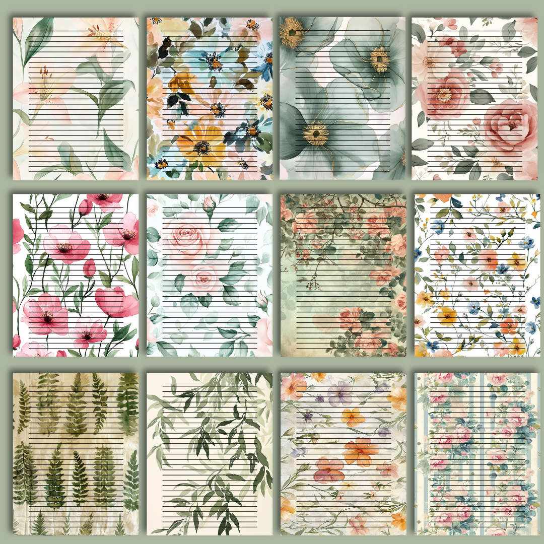 24 sheet Blossom & Lines – 8.5" x 11" Letter Size Floral Stationery Paper