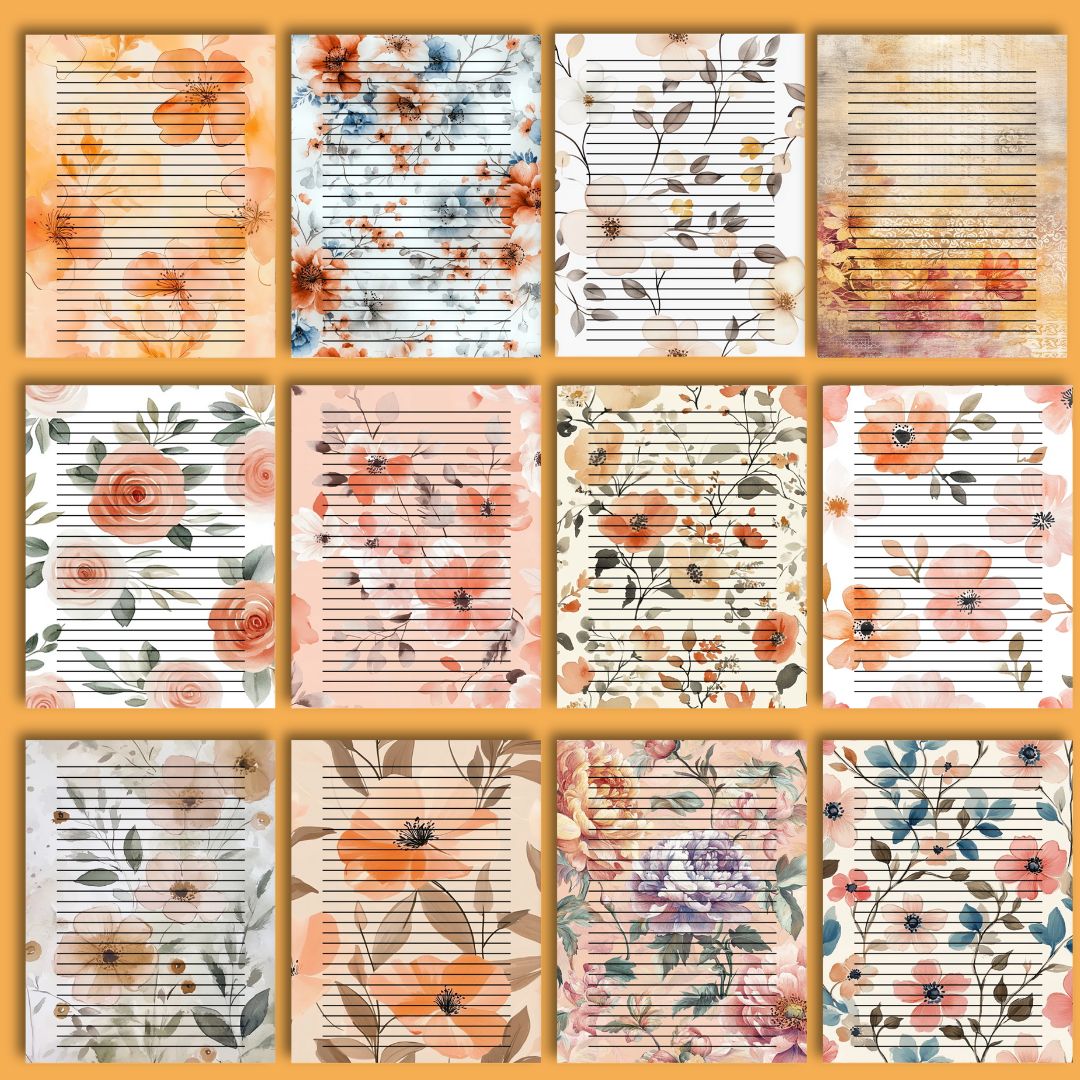 24 sheet Blossom & Lines – 8.5" x 11" Letter Size Floral Stationery Paper