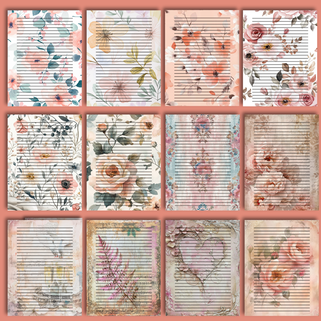 24 sheet Blossom & Lines – 8.5" x 11" Letter Size Floral Stationery Paper
