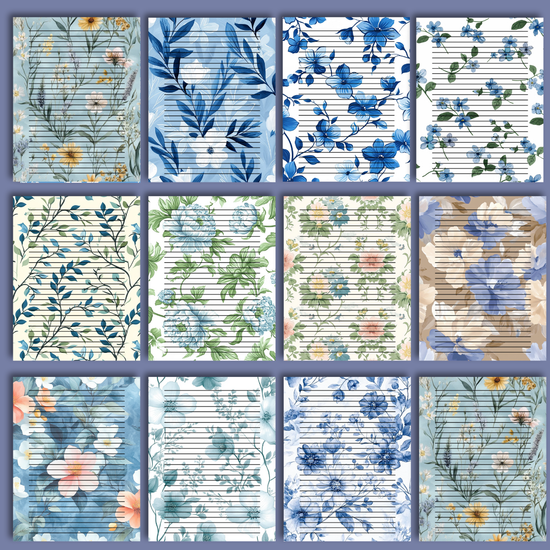 24 sheet Blossom & Lines – 8.5" x 11" Letter Size Floral Stationery Paper