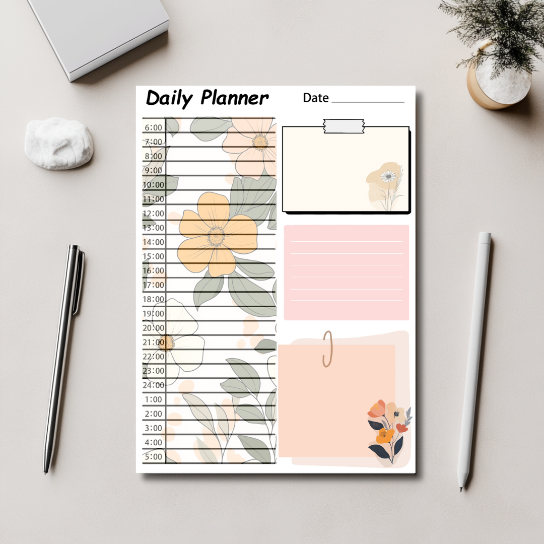 Floral Daily Planner Pad – 24-Hour Time