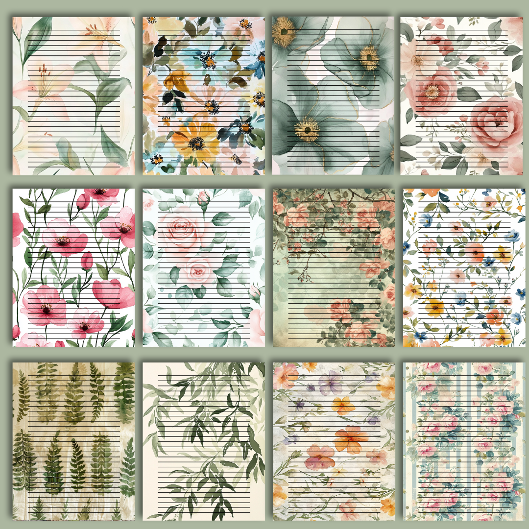 24 sheet Blossom & Lines – 8.5" x 11"  Letter Size Floral Stationery Paper